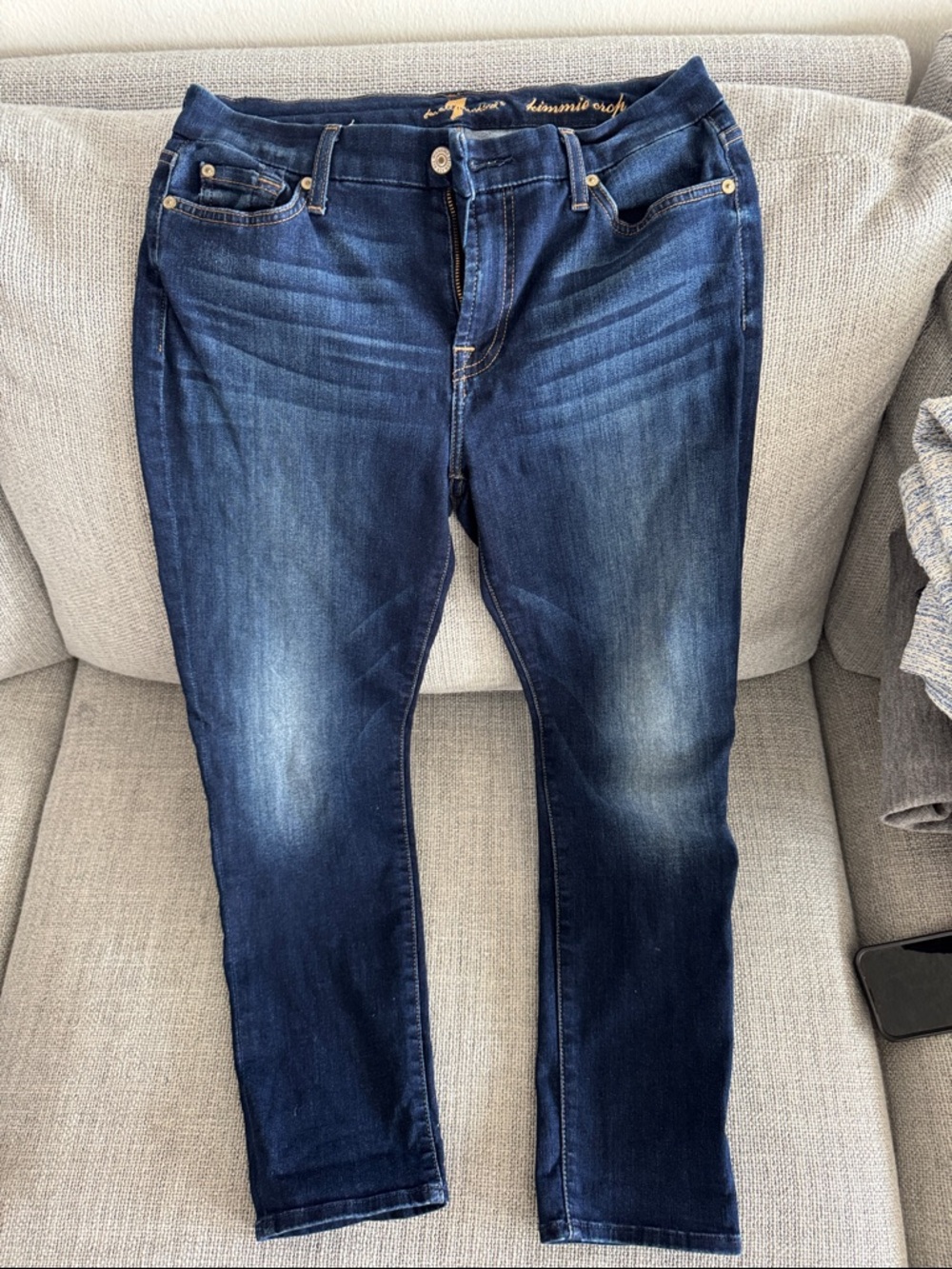 7 For All Mankind Denim Kimmie Crop Jeans - Blue with Gold Stitching